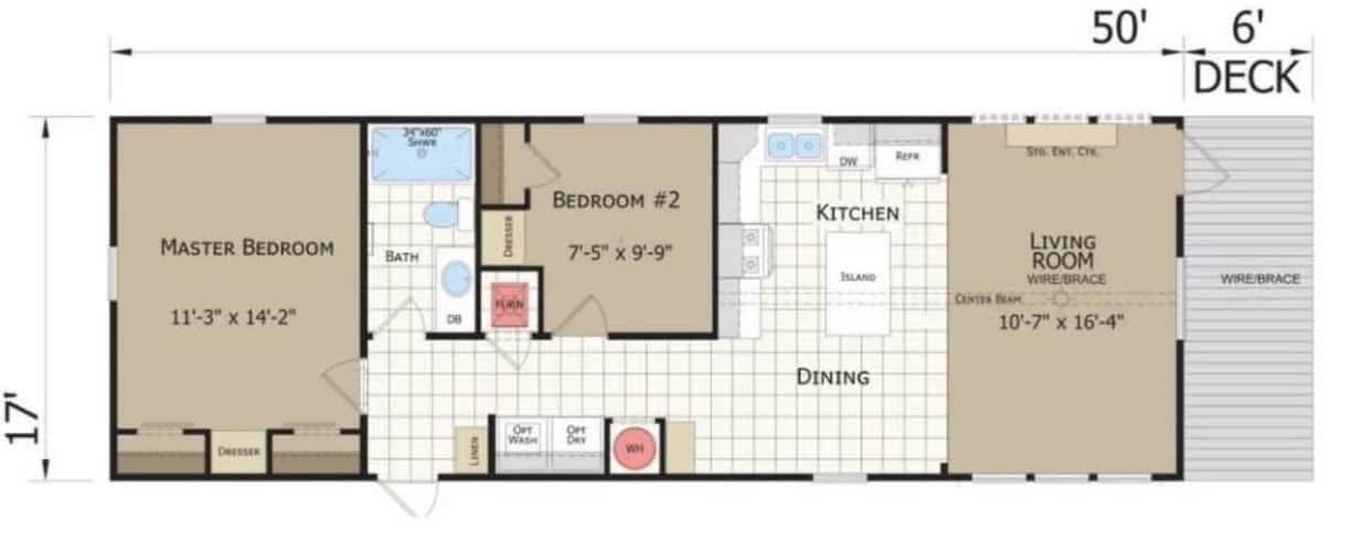 Floor plan of a 50x17 feet home including a master bedroom with closets, a second bedroom, bathroom, kitchen with an island, dining area, and living room.