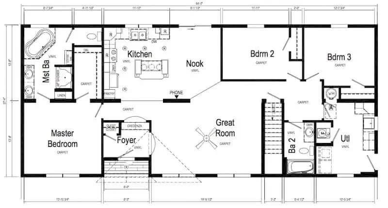 Floor plan of a house featuring a master bedroom with an ensuite, kitchen with an island, nook, great room, two additional bedrooms, and utility room.