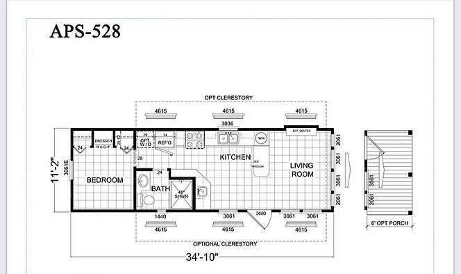 Floor plan APS-528 shows a layout with a bedroom, bathroom, kitchen, and living room. The plan includes measurements and an optional porch.