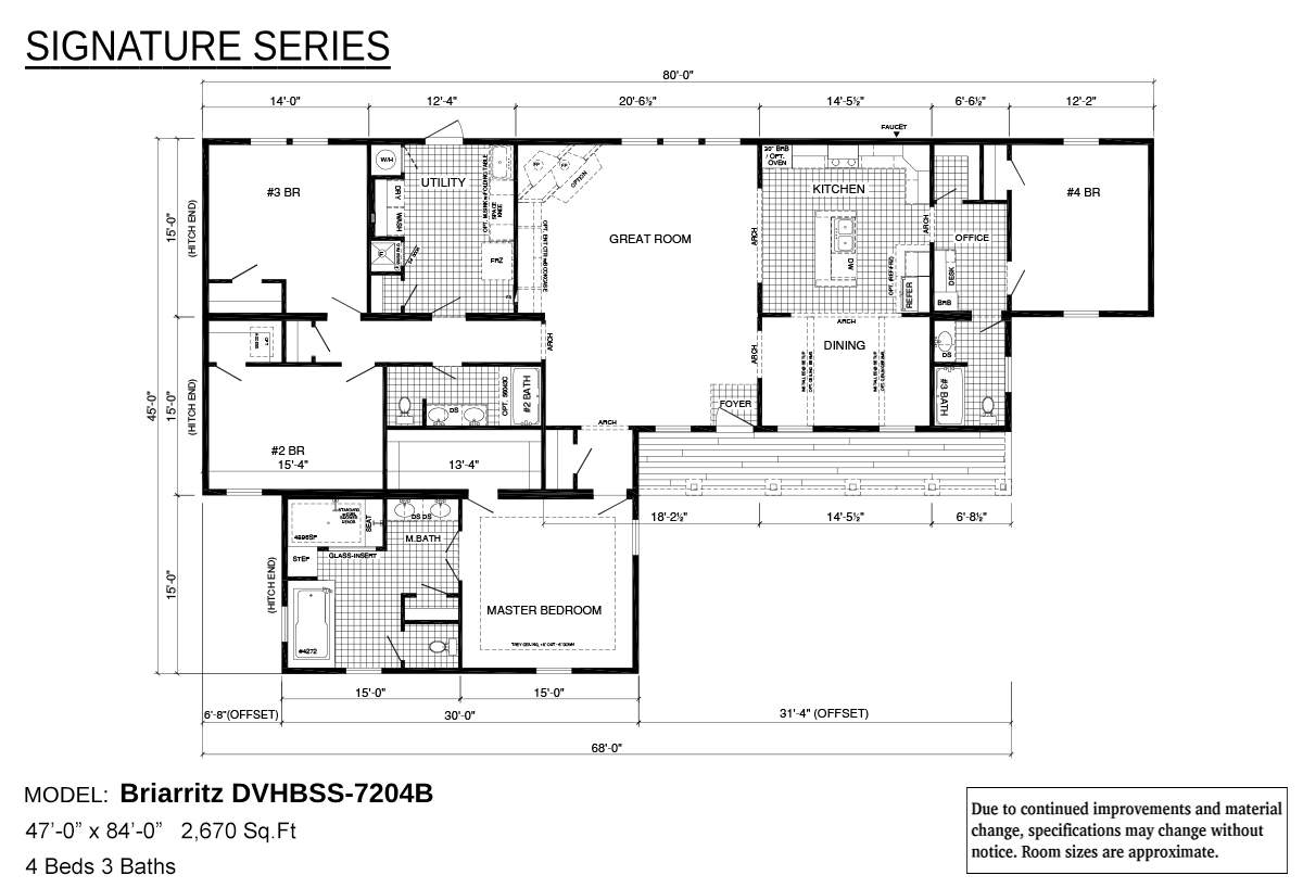 Floor plan of the Biarritz model, 4 bedrooms, 3 baths. Includes great room, kitchen, dining, and utility areas. Spacious layout, 2670 sq ft.