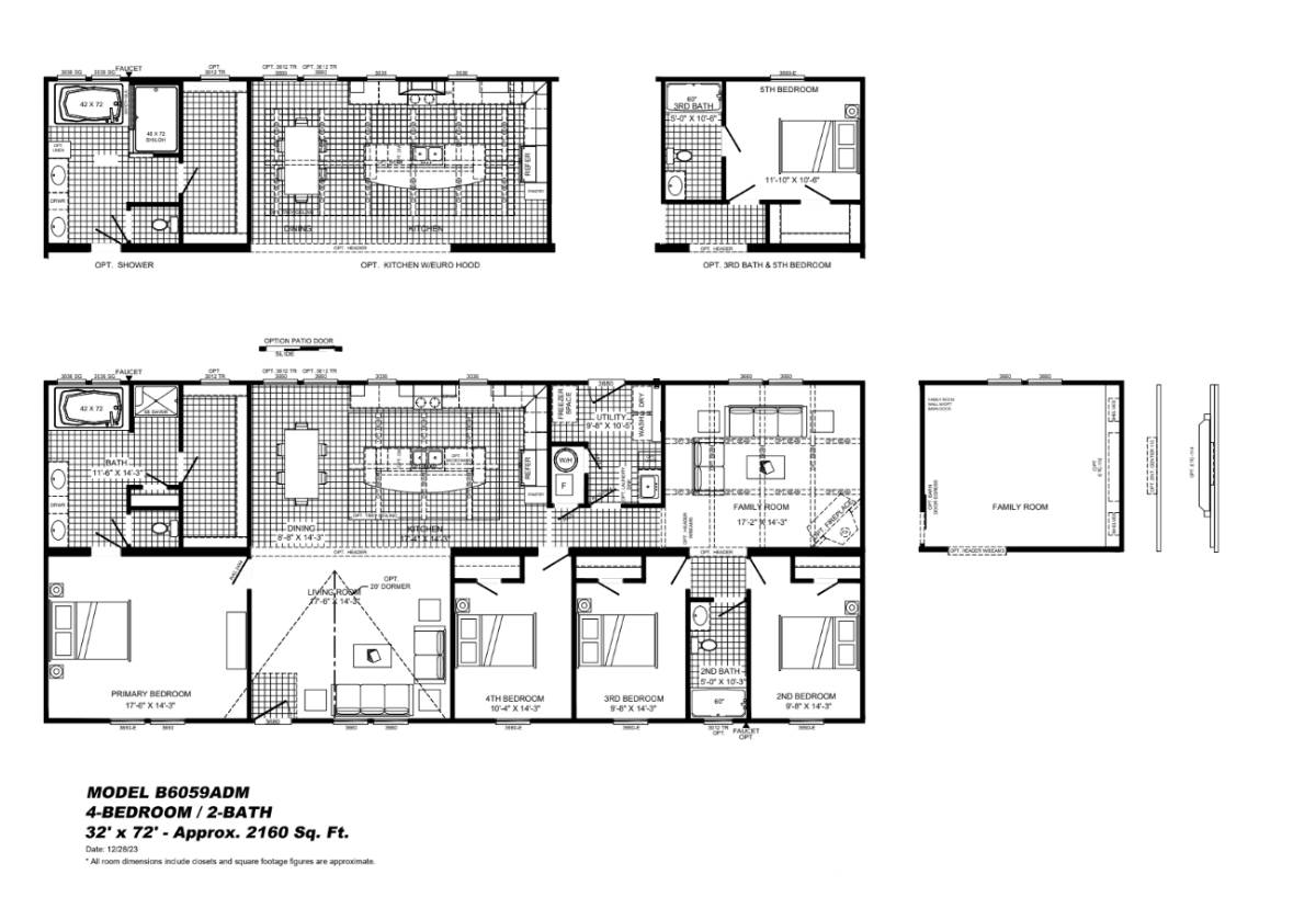 Floor plan for a 4-bedroom, 2-bathroom home totaling 2,160 sq ft. Features a family room, kitchen, living room, and optional spaces for added functionality.