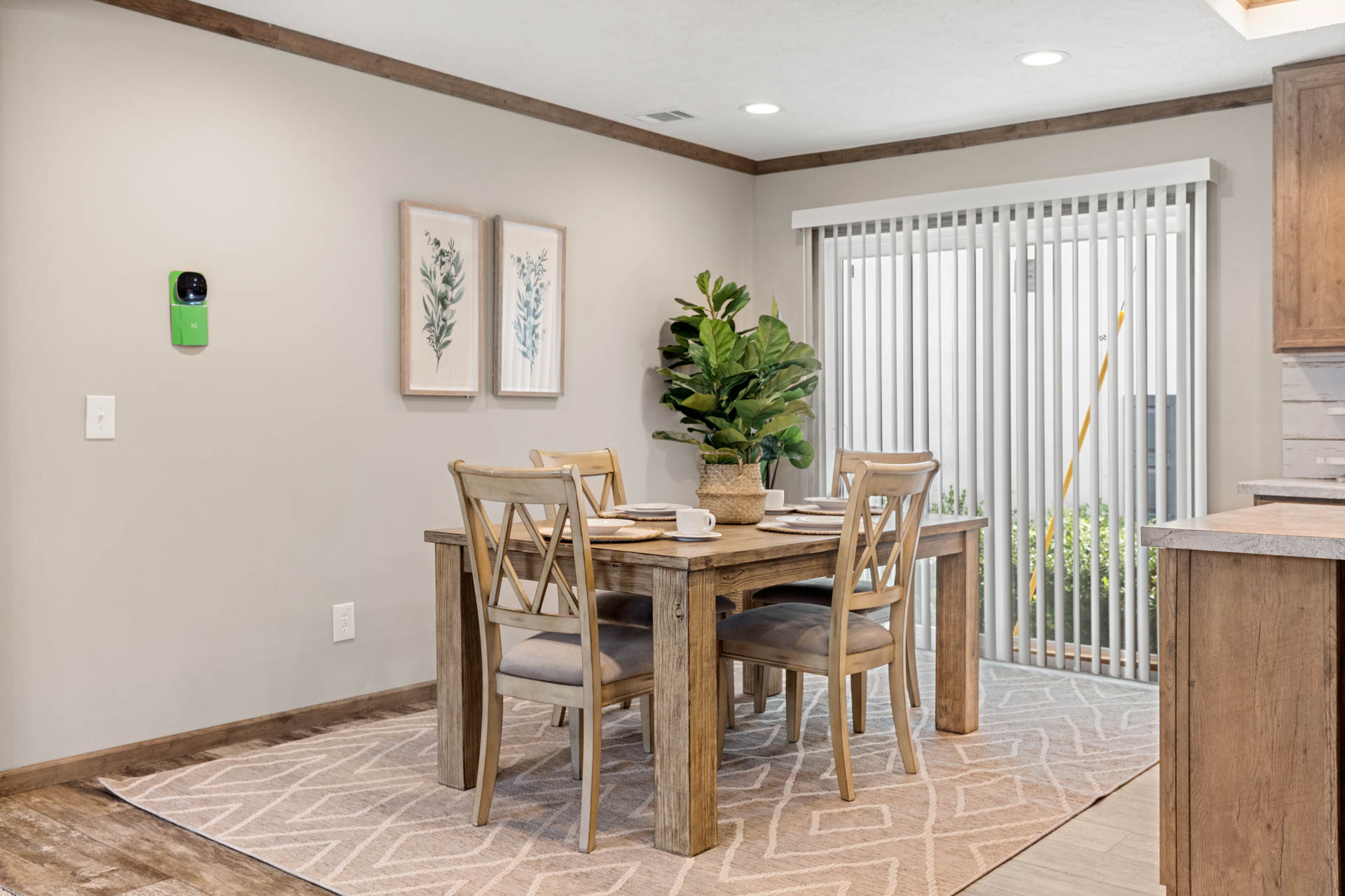 Dining area with a wooden table and four chairs on a patterned rug. Two plant prints adorn the wall, and a large potted plant sits on the table. Sunlight filters through vertical blinds, creating a calm and inviting atmosphere.