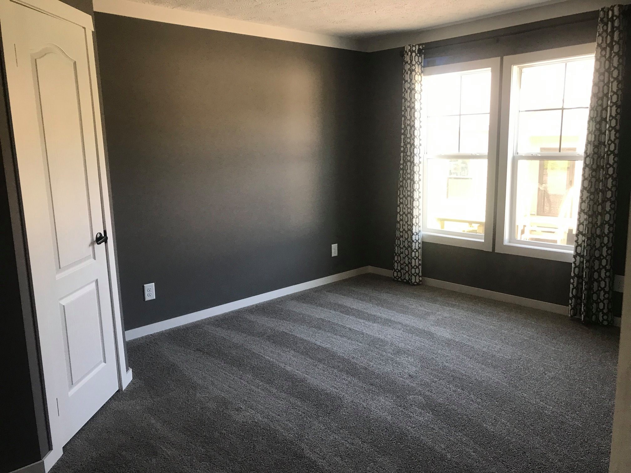 Empty room with gray walls and carpet, white door, and two large windows with patterned curtains. Sunlight streams in, creating a clean, serene atmosphere.