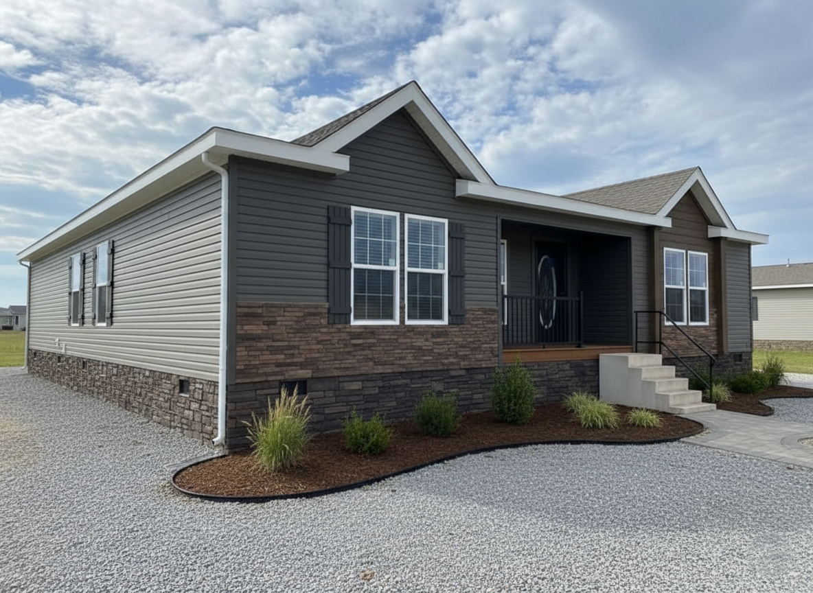 Single-story gray house with stone accents, white trim, and a front porch. Steps lead to the entrance. Gravel driveway and small shrubs enhance the yard.