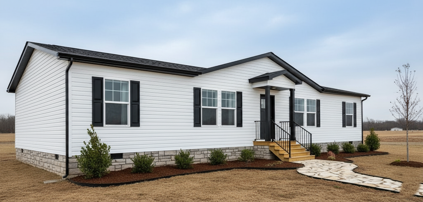 A modern, single-story house with white siding and black shutters. A stone pathway leads to the entrance, surrounded by a manicured lawn and shrubs.