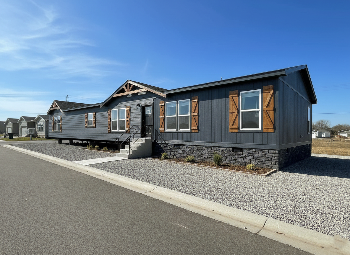 A modern gray modular home with wooden shutters and stone accents sits in a quiet neighborhood under a clear blue sky, exuding a calm, suburban feel.