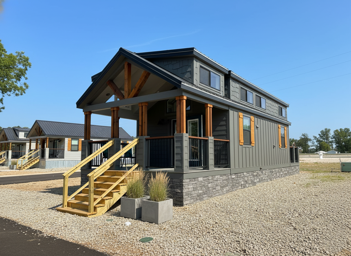 Modern tiny house with gray siding, wooden accents, and a stone base. Features a front porch with stairs, surrounded by gravel and clear blue skies.