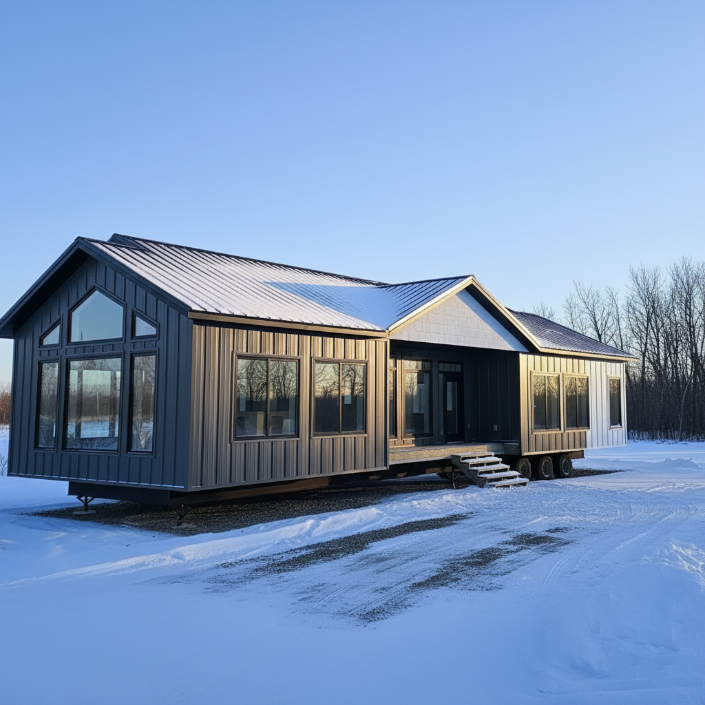 Modern mobile home on wheels in a snowy landscape, bathed in warm sunlight. Large windows reflect a clear blue sky and nearby bare trees.