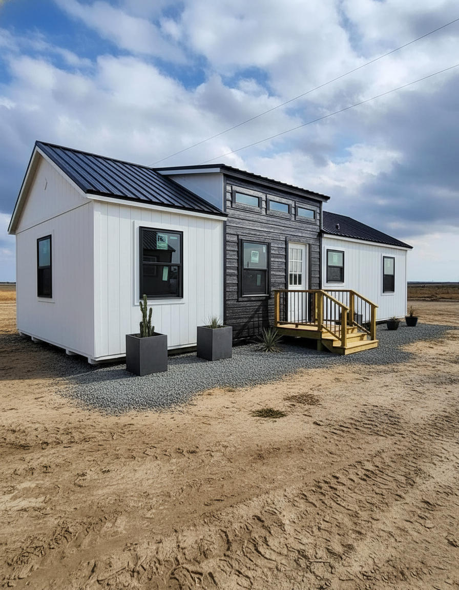 Modern tiny house with a white and dark wood exterior sits on a gravel pad in a vast, barren landscape under a partly cloudy sky. Cacti in pots line the entrance.