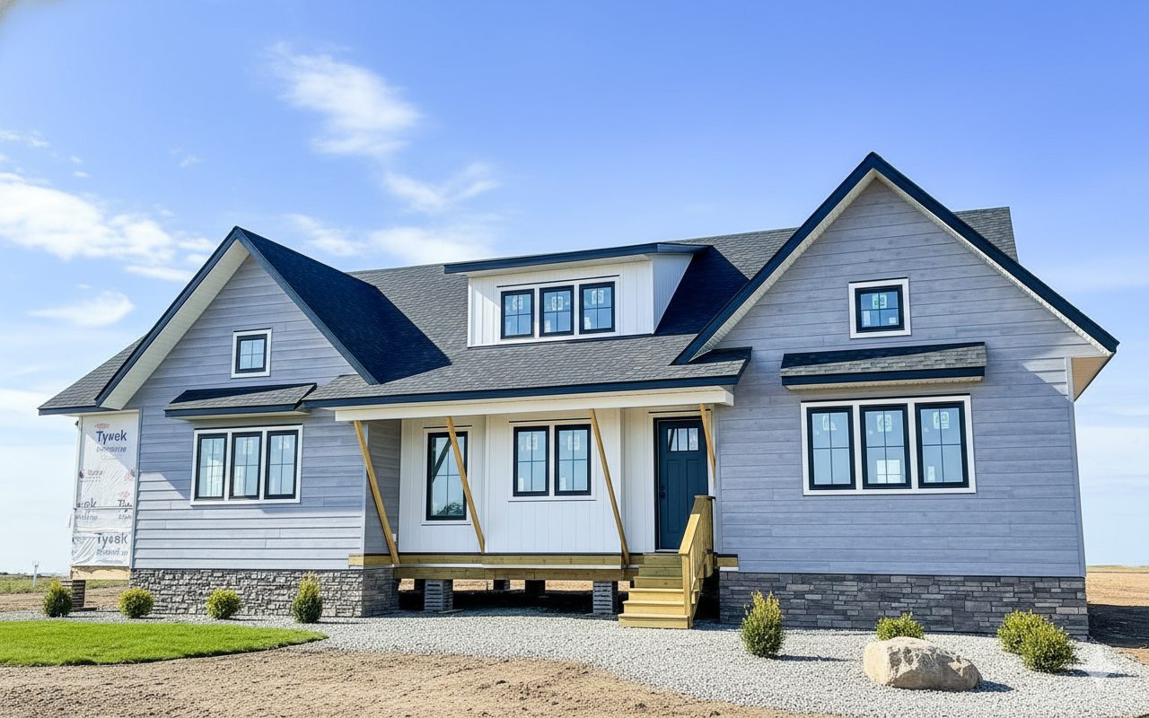 A newly constructed house with blue siding and a dark roof, featuring a front porch and multiple windows. The setting is bright with clear skies.