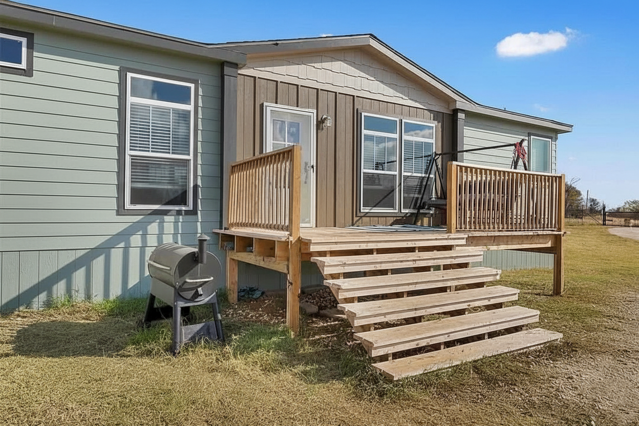 Single-story modular home with a green and brown exterior. Wooden porch with stairs and a black grill. Blue sky and grassy yard evoke a peaceful ambiance.