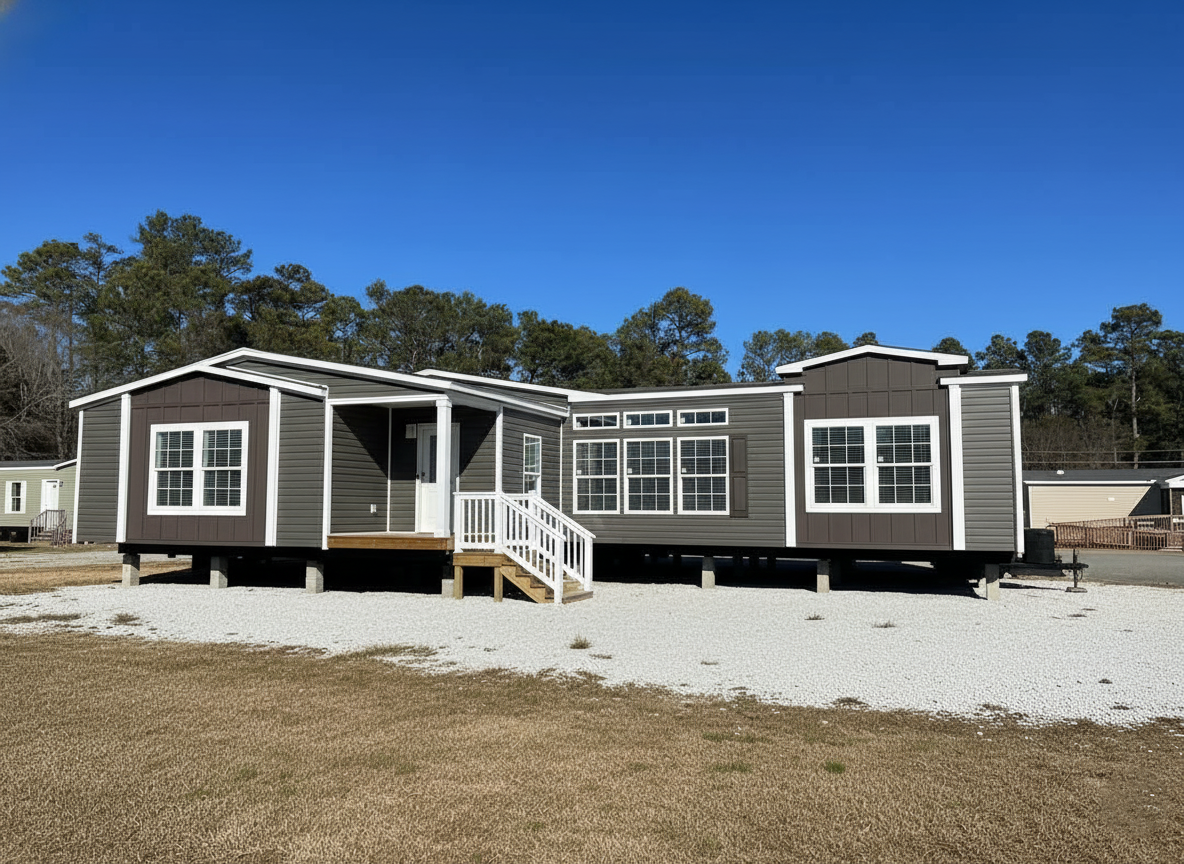 A modern modular home with gray siding and white trim, elevated on a gravel lot. It features large windows and a small porch under a clear blue sky.