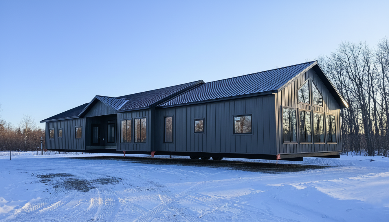A modern, dark gray house with large windows sits on a snowy landscape. The sun casts a soft light, creating a serene and tranquil winter scene.