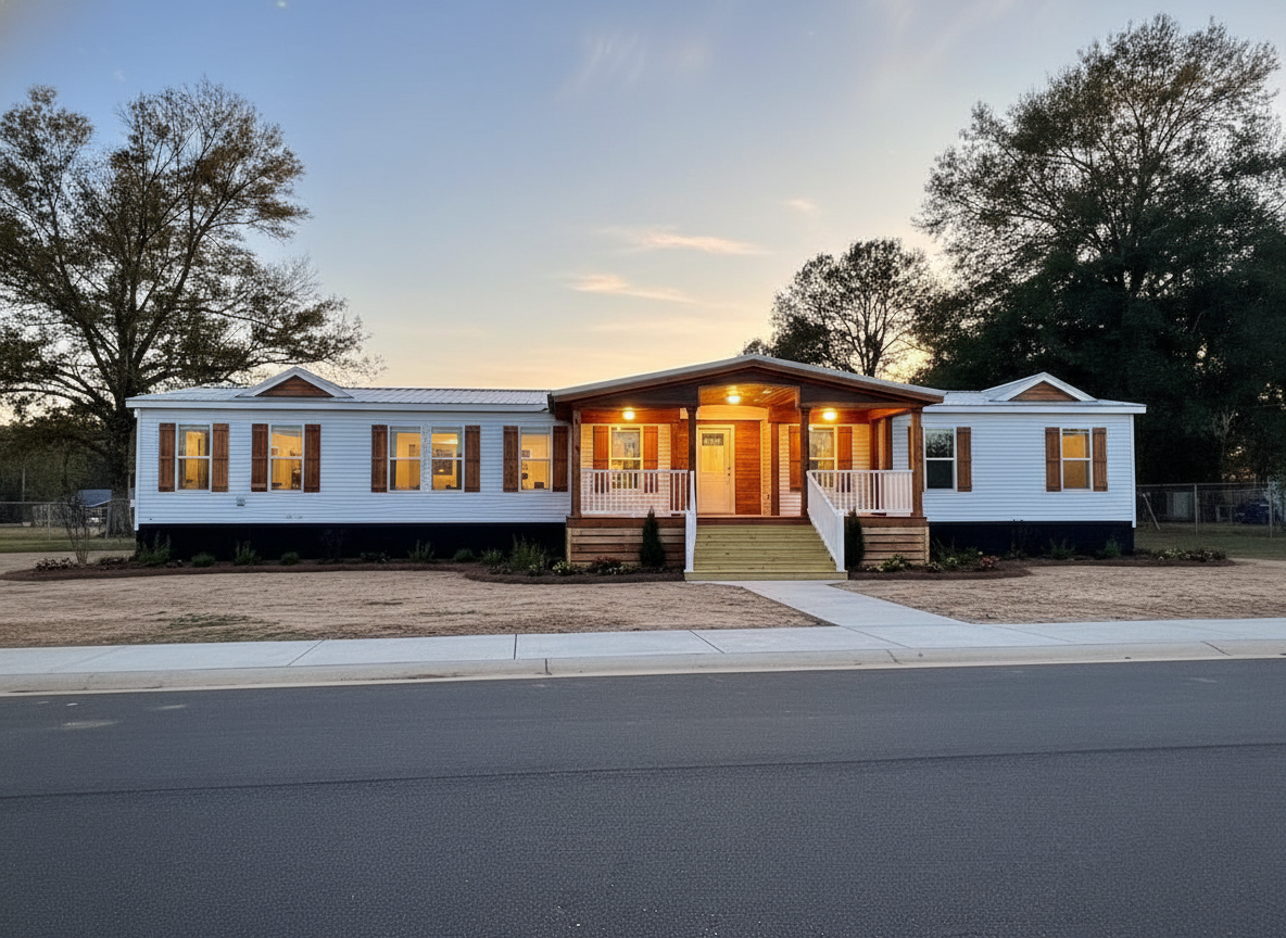 A well-lit manufactured home with a central porch and warm lights stands under a dusky sky, surrounded by trees, conveying a cozy evening ambiance.