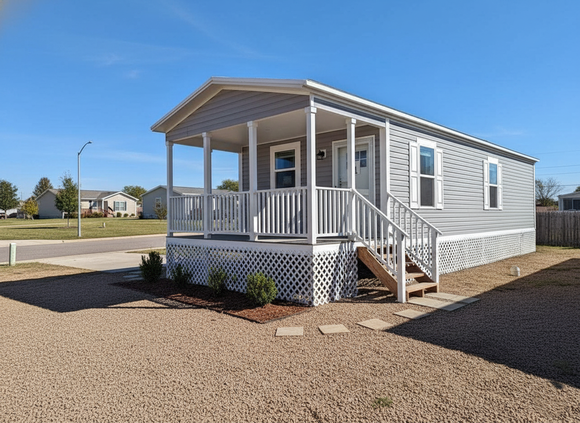 A small, modern mobile home with light gray siding and white trim sits on a gravel lot. There are steps leading to a covered porch, and the sky is clear and blue.