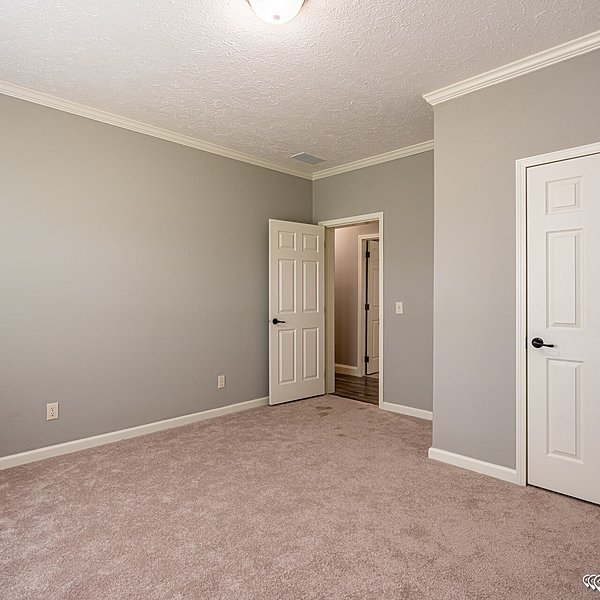 Empty room with light gray walls, beige carpet, and white trim. Two white doors; one slightly open, showing a glimpse of a hallway. Soft, neutral tones.