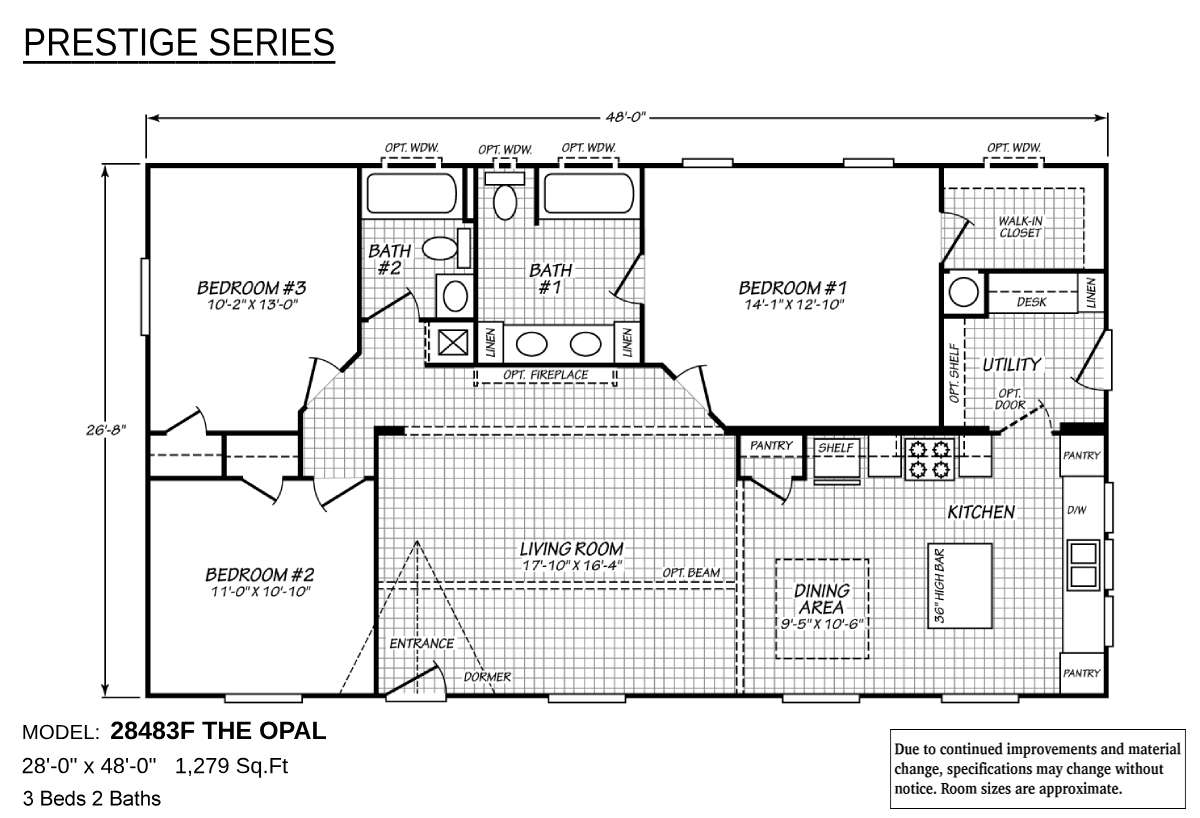 Floor plan of a house from the Prestige Series. Features 3 bedrooms, 2 bathrooms, kitchen, living room, dining area, utility, and a walk-in closet.