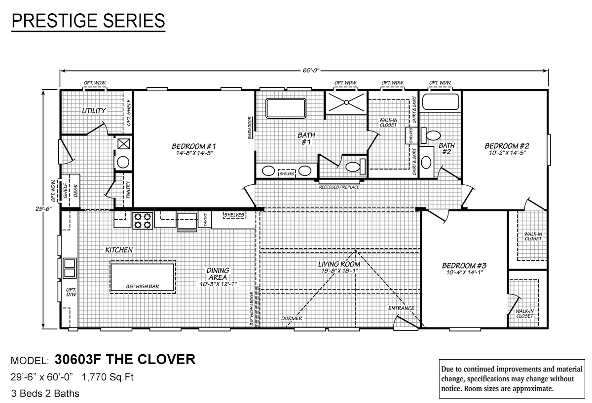Floor plan titled "The Clover" from the Prestige Series. It includes three bedrooms, two bathrooms, a living room, kitchen, dining area, and utility room within 1,770 sq ft.