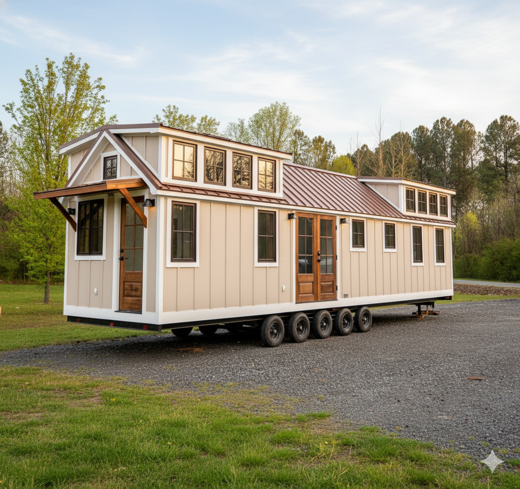 Tiny house on wheels with beige siding and a brown metal roof, set on gravel. Surrounded by greenery, with a serene, natural background under a blue sky.
