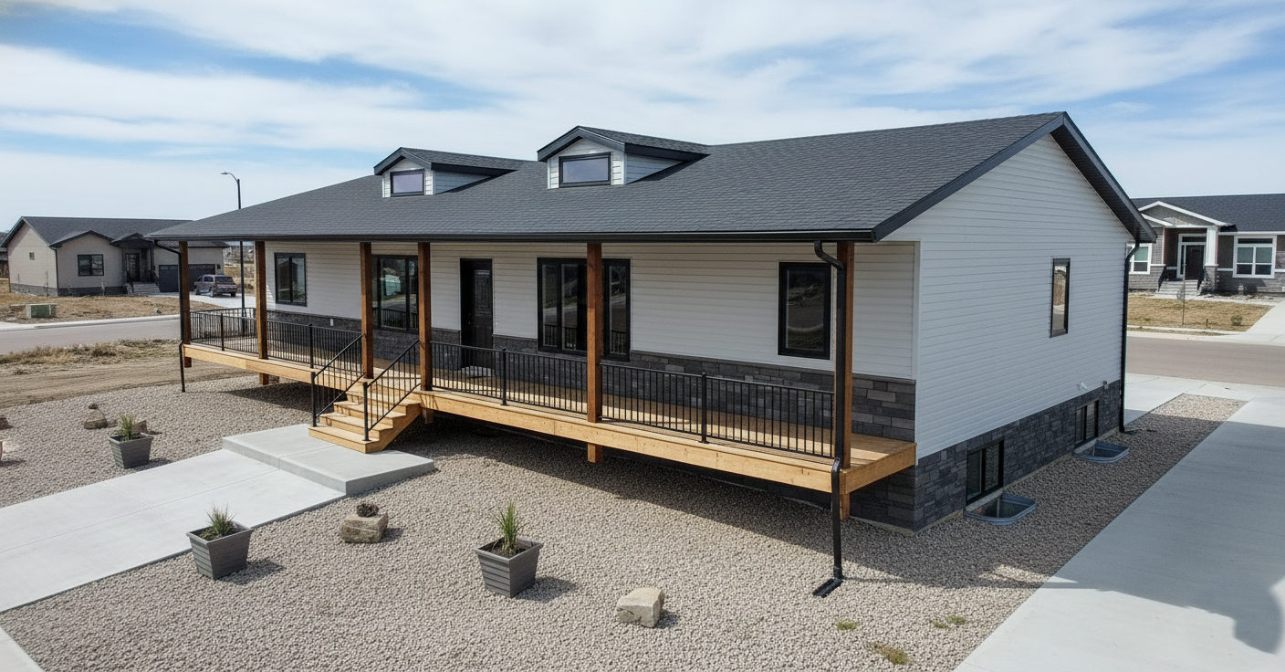Single-story house with white siding, black roof, and a wooden wraparound porch. Minimalist landscape with gravel and potted plants. Clear sky background.
