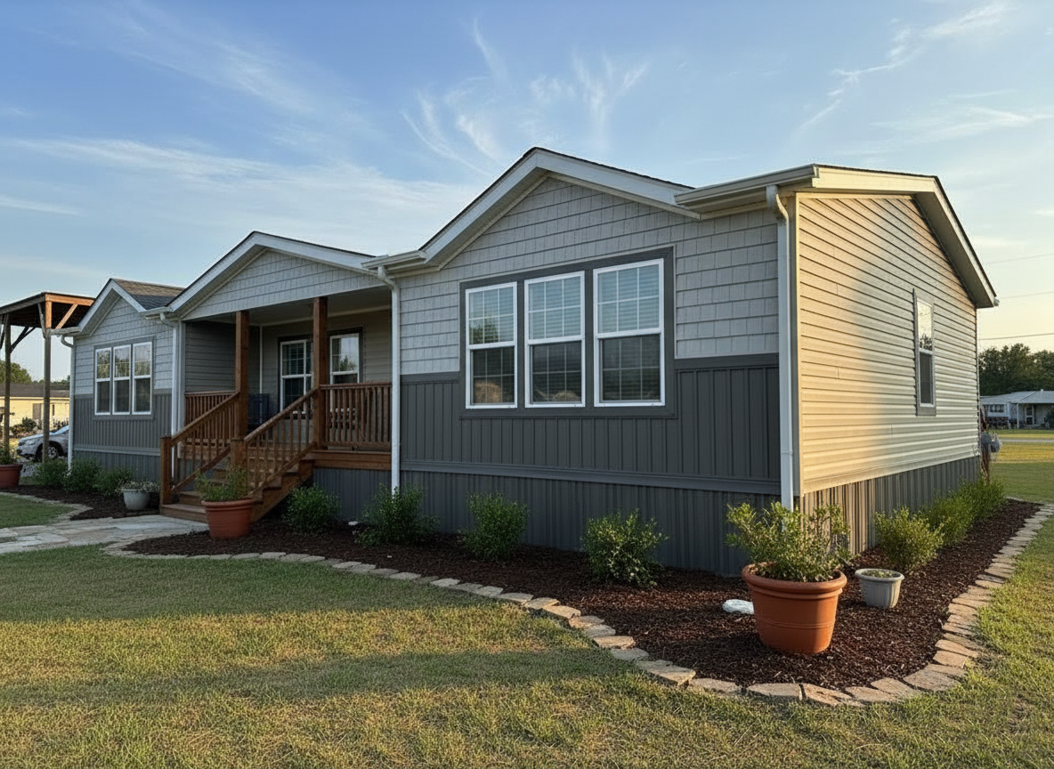 Single-story gray house with white trim, featuring a wooden porch and plants in pots. Set in a sunny, grassy yard under a clear blue sky.