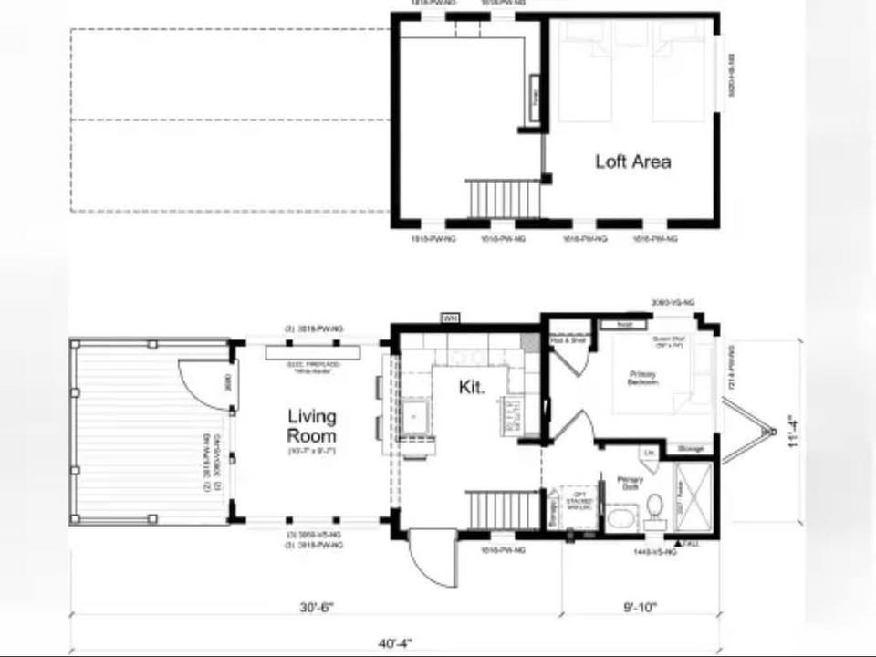Floor plan showing two levels. The main level has a living room, kitchen, bedroom, bathroom, and porch. The upper level features a loft area.