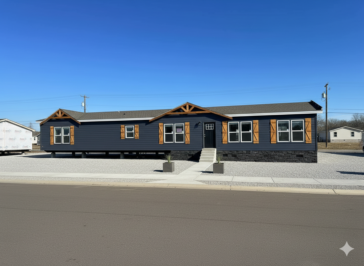Modern manufactured home on a sunny day, featuring dark siding, warm wooden shutters, and a stone base. Gravel yard with two planters flanks the entry.