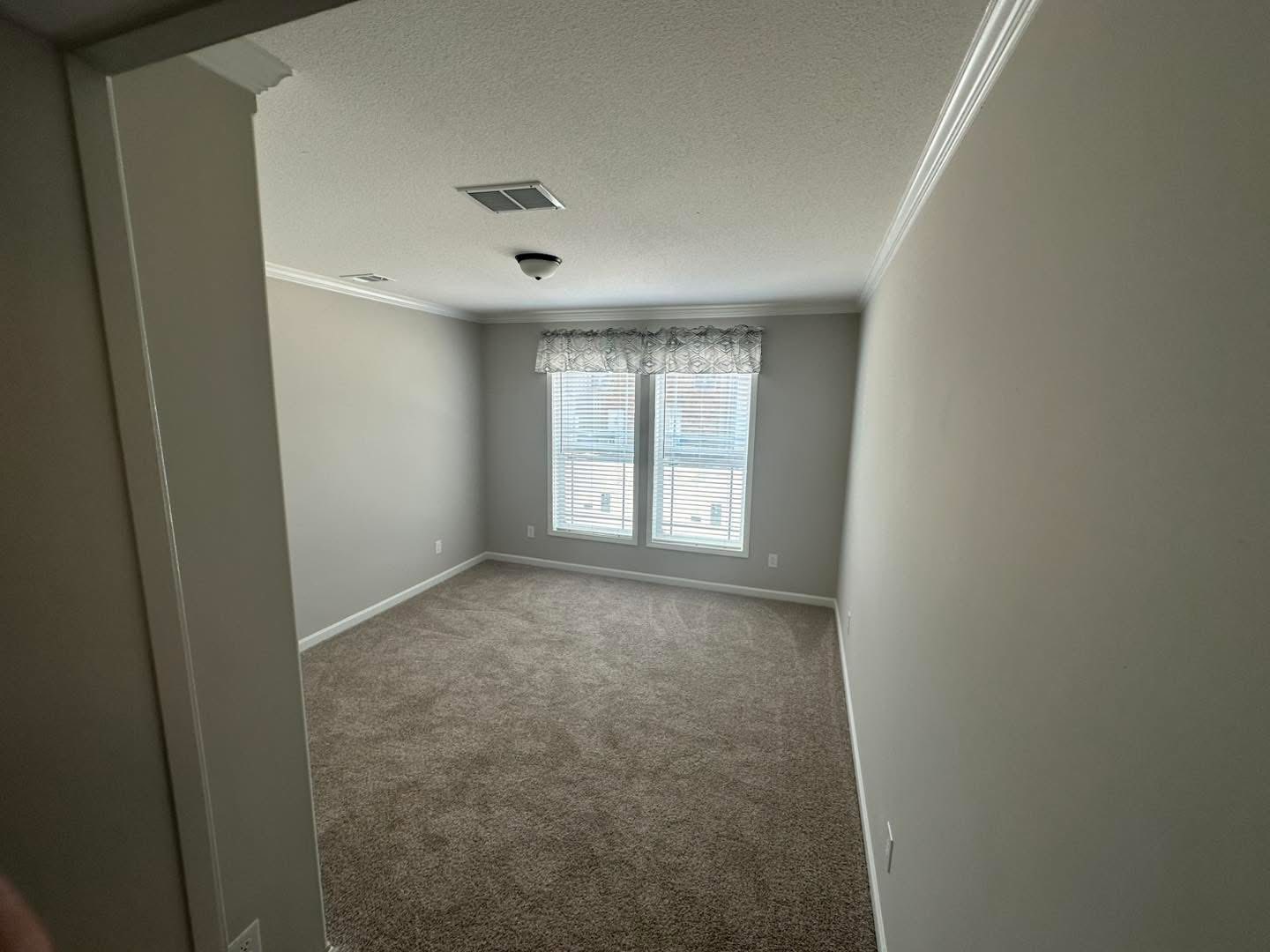 Empty room with beige carpet, light gray walls, and a ceiling fixture. Two windows with lace curtains let in soft light, creating a calm atmosphere.