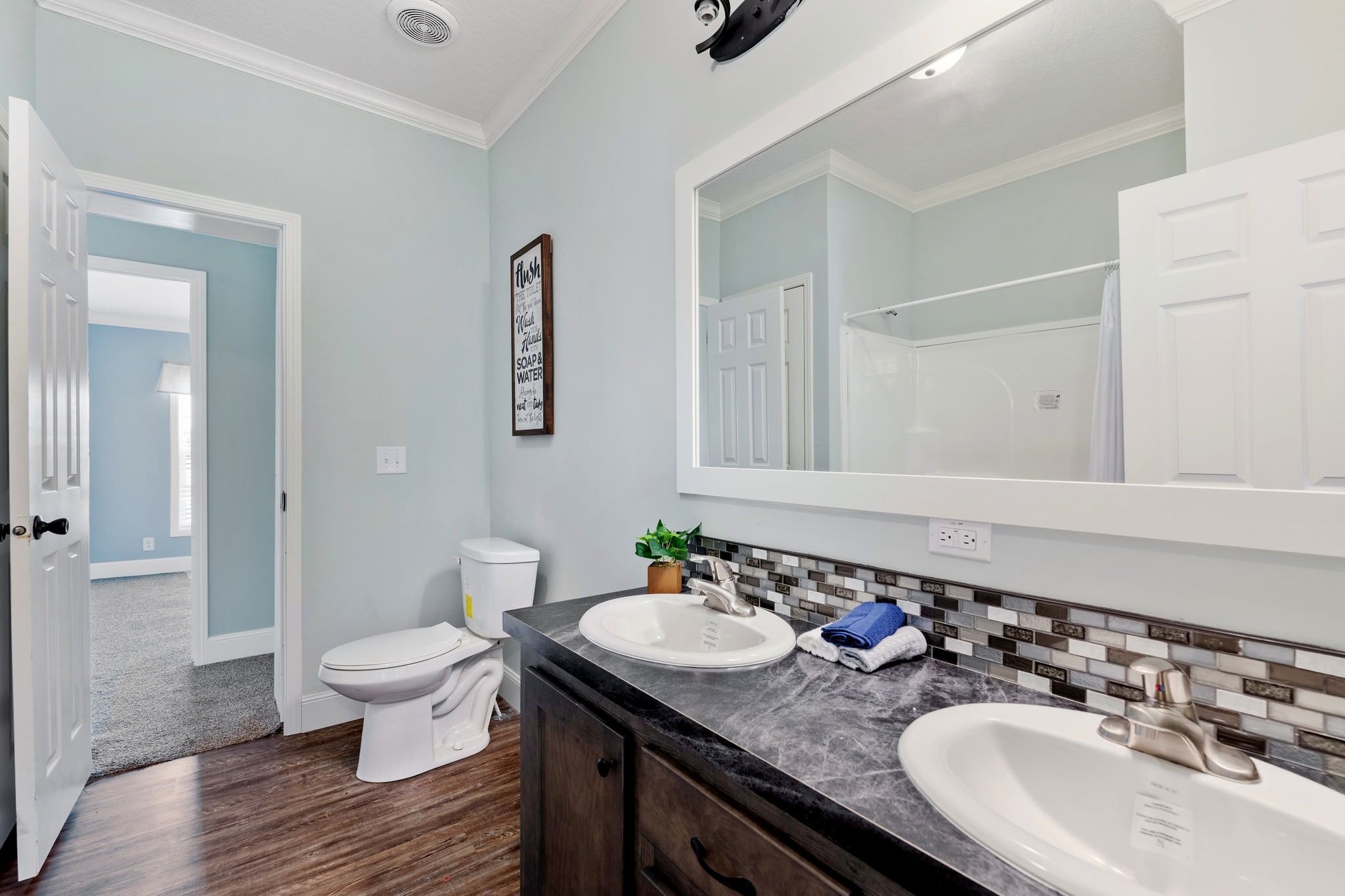 A modern bathroom with light blue walls features a large mirror above a double sink with dark countertops. Towels and a plant sit on the counter. The room is well-lit and has a clean, serene atmosphere. Doors lead to a shower and an adjoining carpeted room.