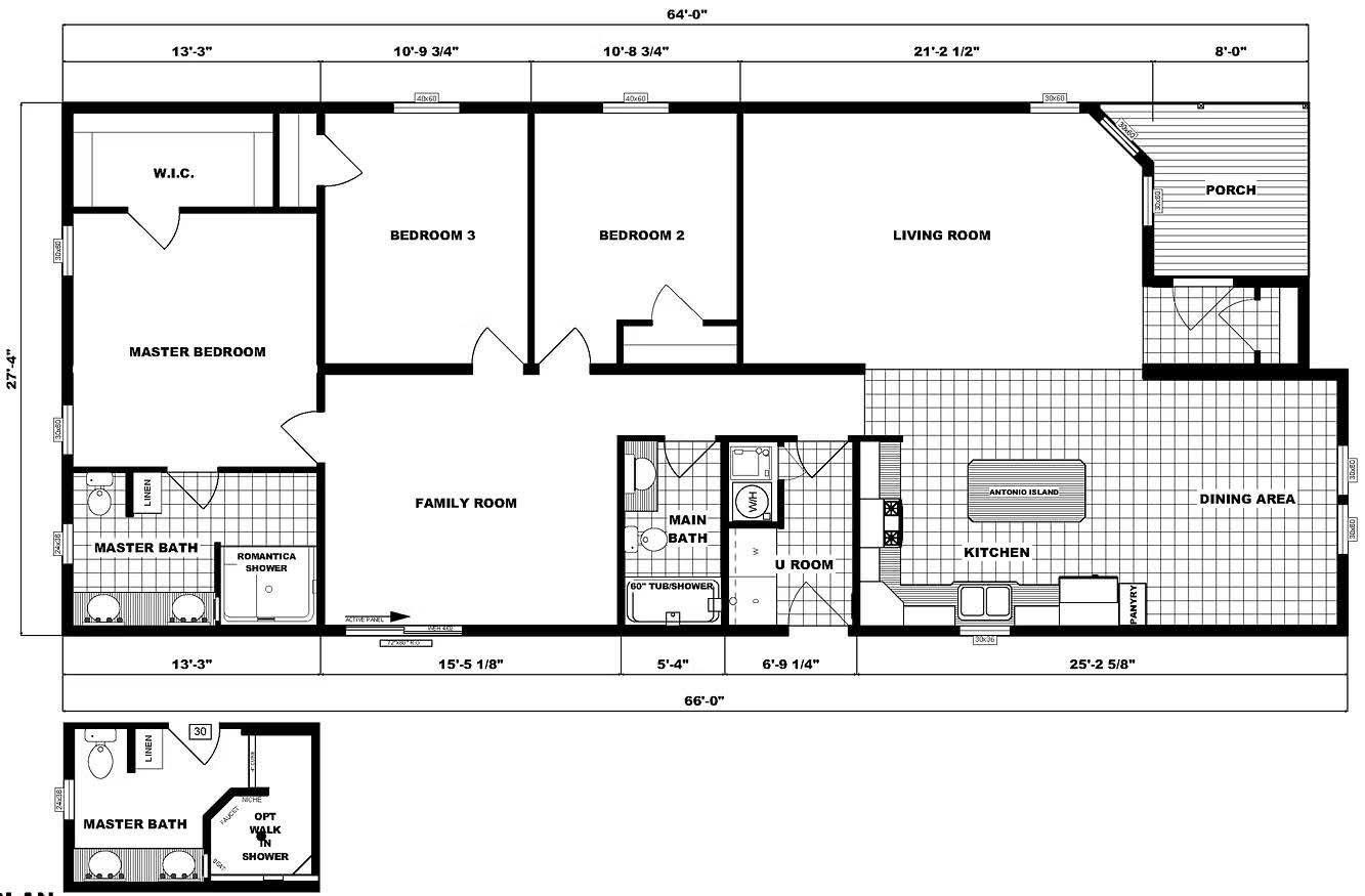 Floor plan of a house showing three bedrooms, a living room, family room, kitchen with island, dining area, two bathrooms, utility room, and porch. Neutral tone.