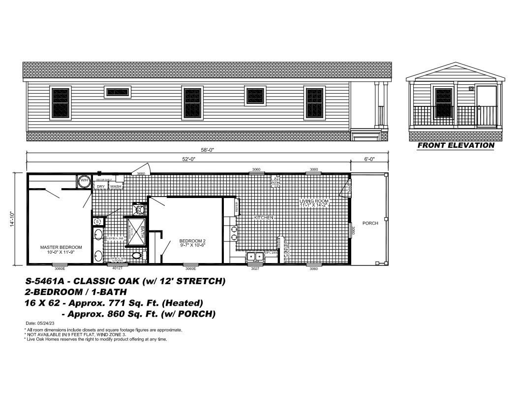 Floor plan and front elevation of a mobile home, labeled S-5461A Classic Oak. Features 2 bedrooms, 1 bath, and a porch. Dimensions 16x62 feet.