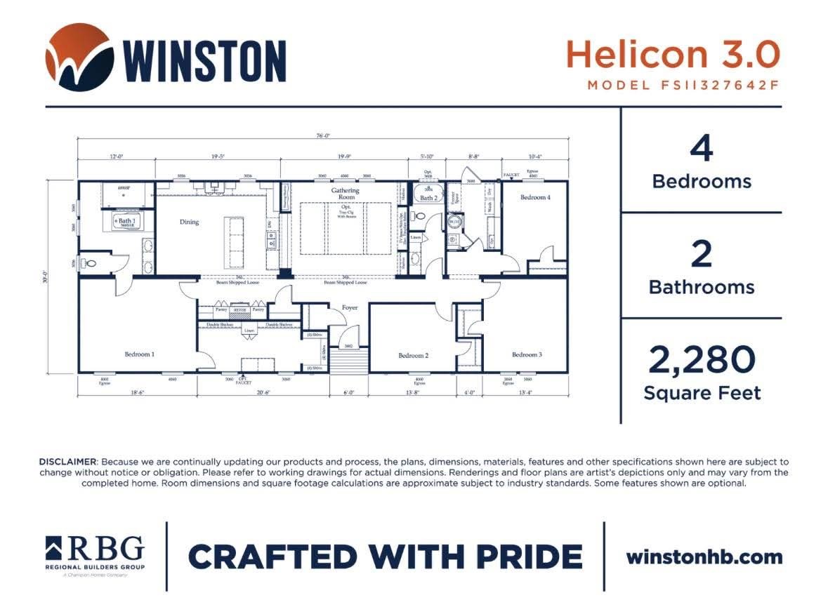 Blueprint layout of the Helicon 3.0 home model by Winston, featuring 4 bedrooms, 2 bathrooms, and 2,280 square feet. Text includes "Crafted with Pride."