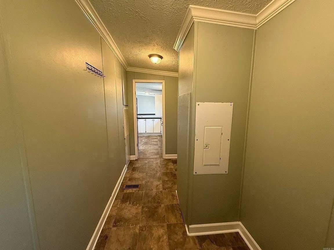 A narrow hallway with green walls, a light fixture on the ceiling, and brown tiled floor leading to a room with white cabinets, conveying a calm atmosphere.