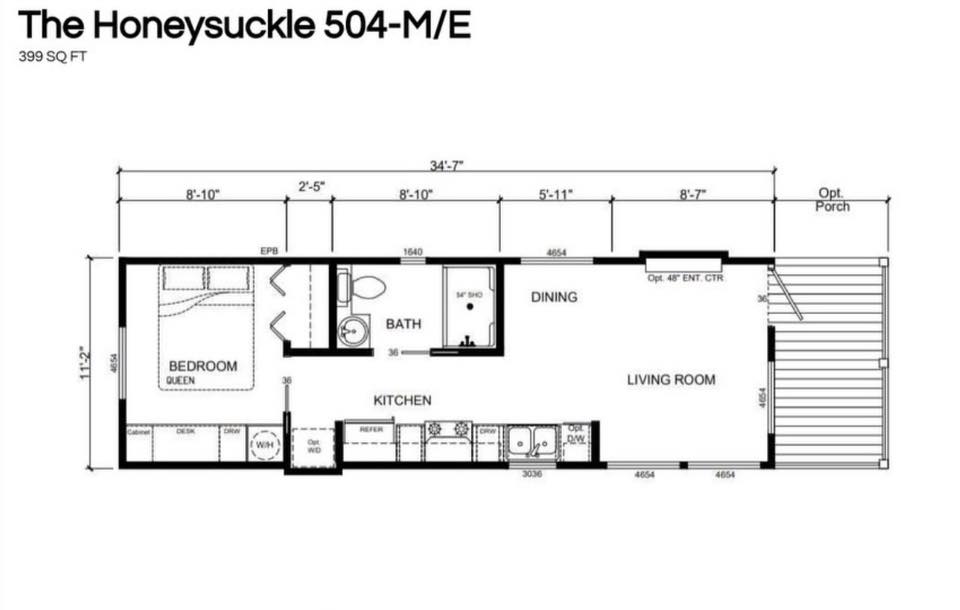 Floor plan of "The Honeysuckle" tiny home, 399 sq ft. Includes a queen bedroom, bathroom, kitchen, dining, living room, and optional porch.