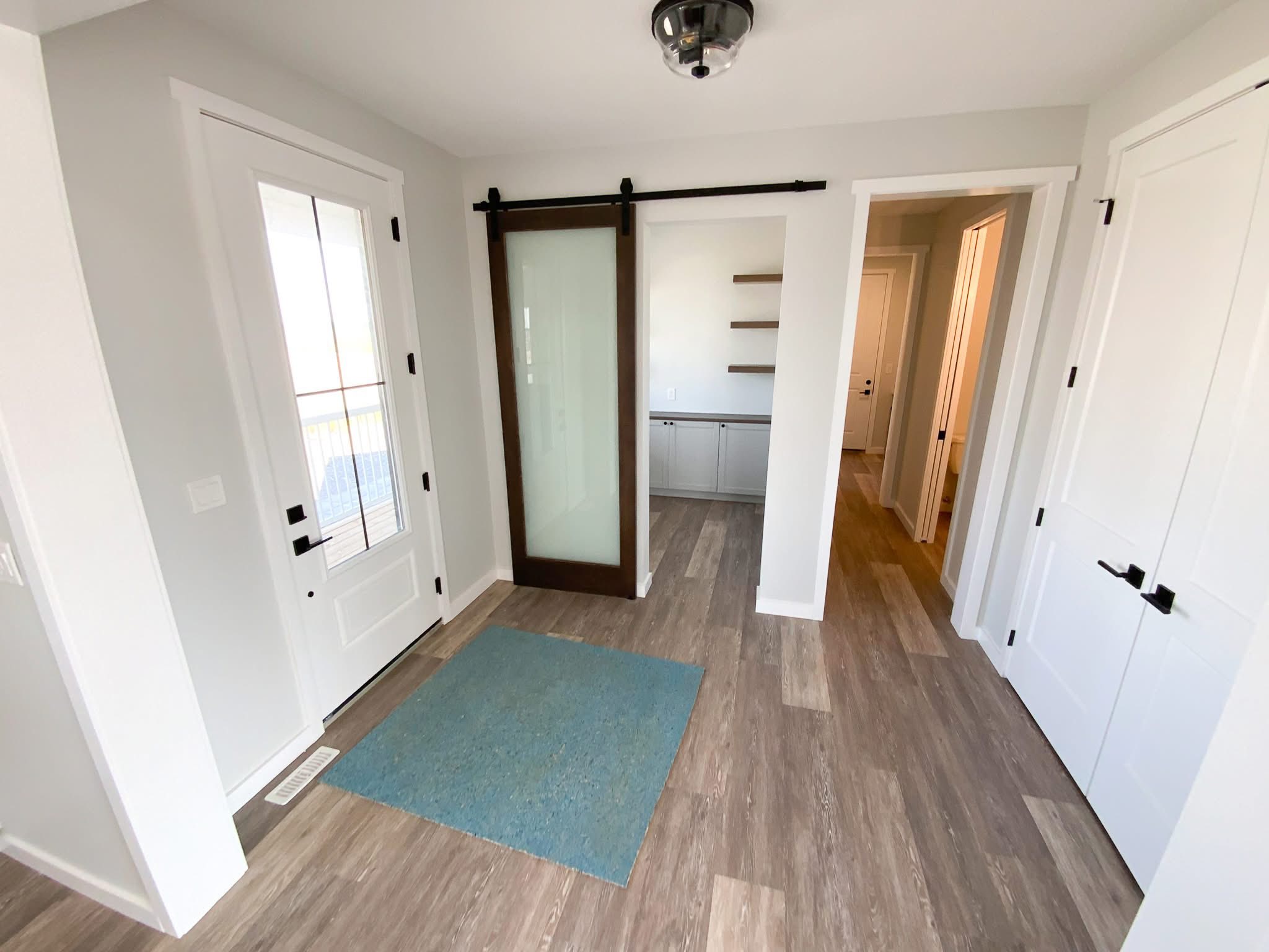 Modern entryway with white walls, a wood and frosted glass sliding door, and a light wood floor. A small blue rug adds a touch of color.