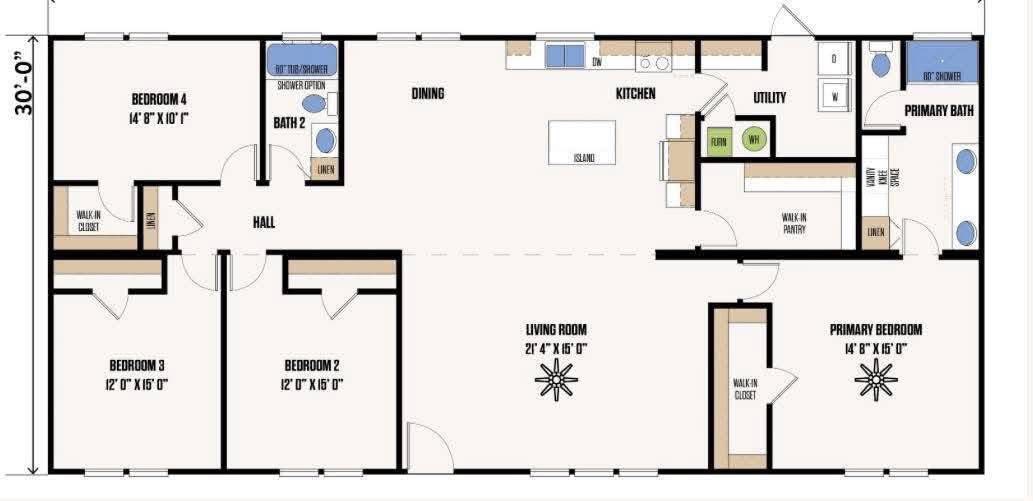 Floor plan of a single-story house showing a living room, kitchen, dining area, four bedrooms, two bathrooms, and utility room. The primary bedroom has an en-suite bath and walk-in closet. Clean layout with labels for each room and measurements.