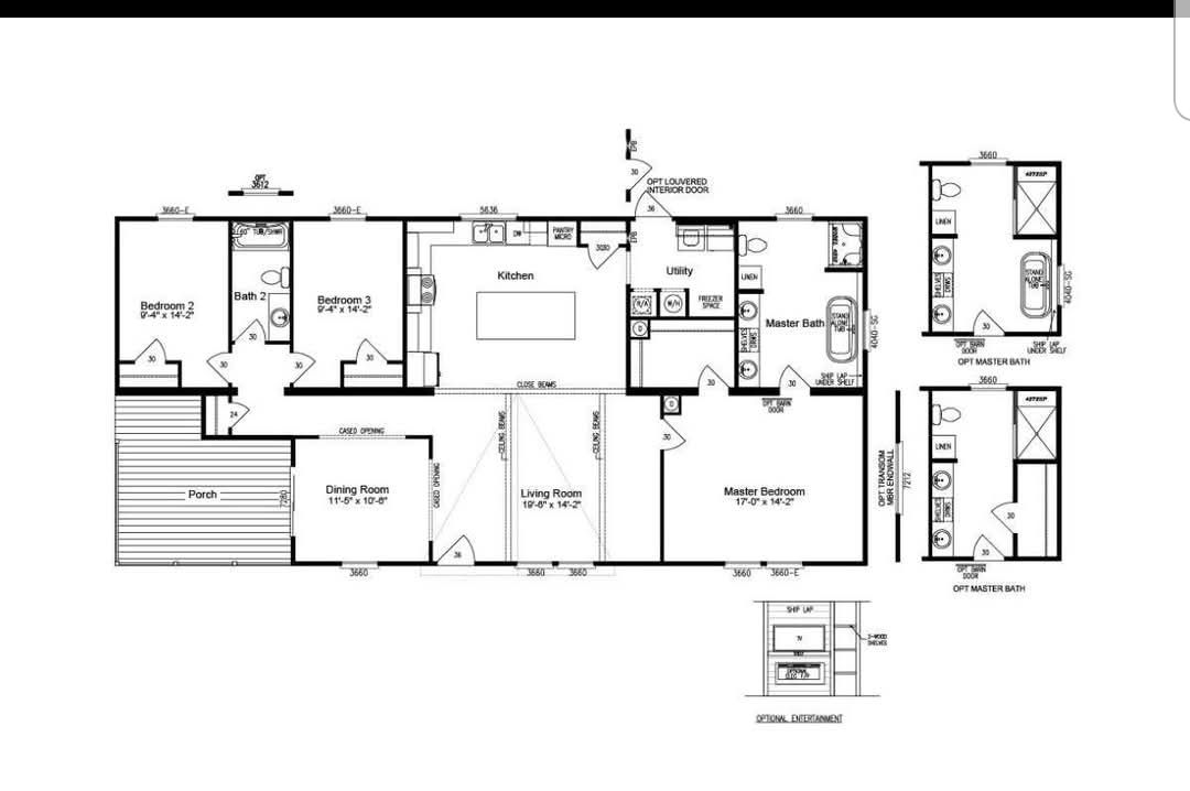Floor plan of a single-story house featuring three bedrooms, two bathrooms, a kitchen, utility room, dining and living rooms, and a porch. The master bedroom has an en-suite bathroom. The layout is open and spacious.