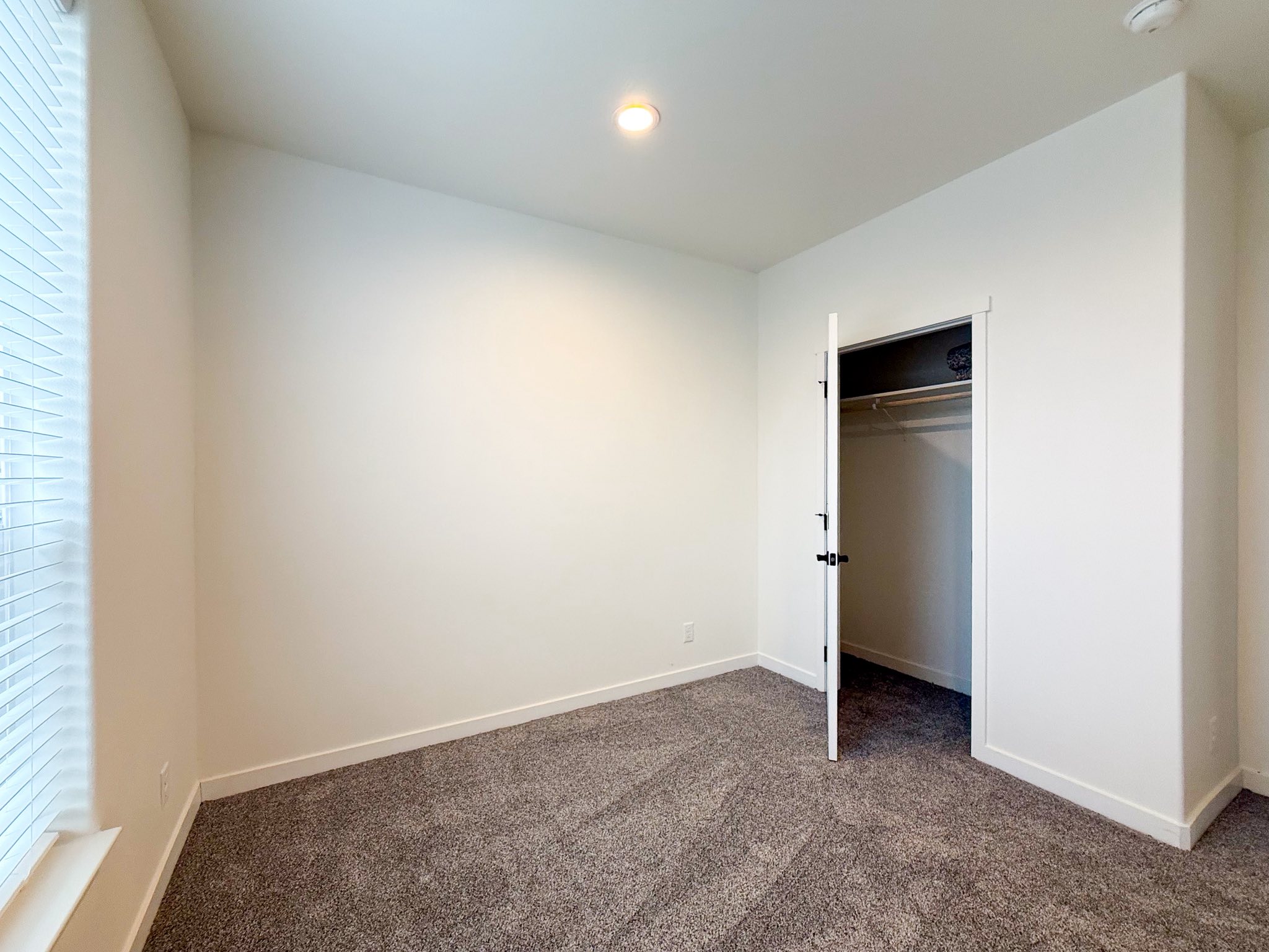 Empty room with white walls, a single overhead light, and an open closet with a shelf. The floor is carpeted, and a window with blinds is on the left.