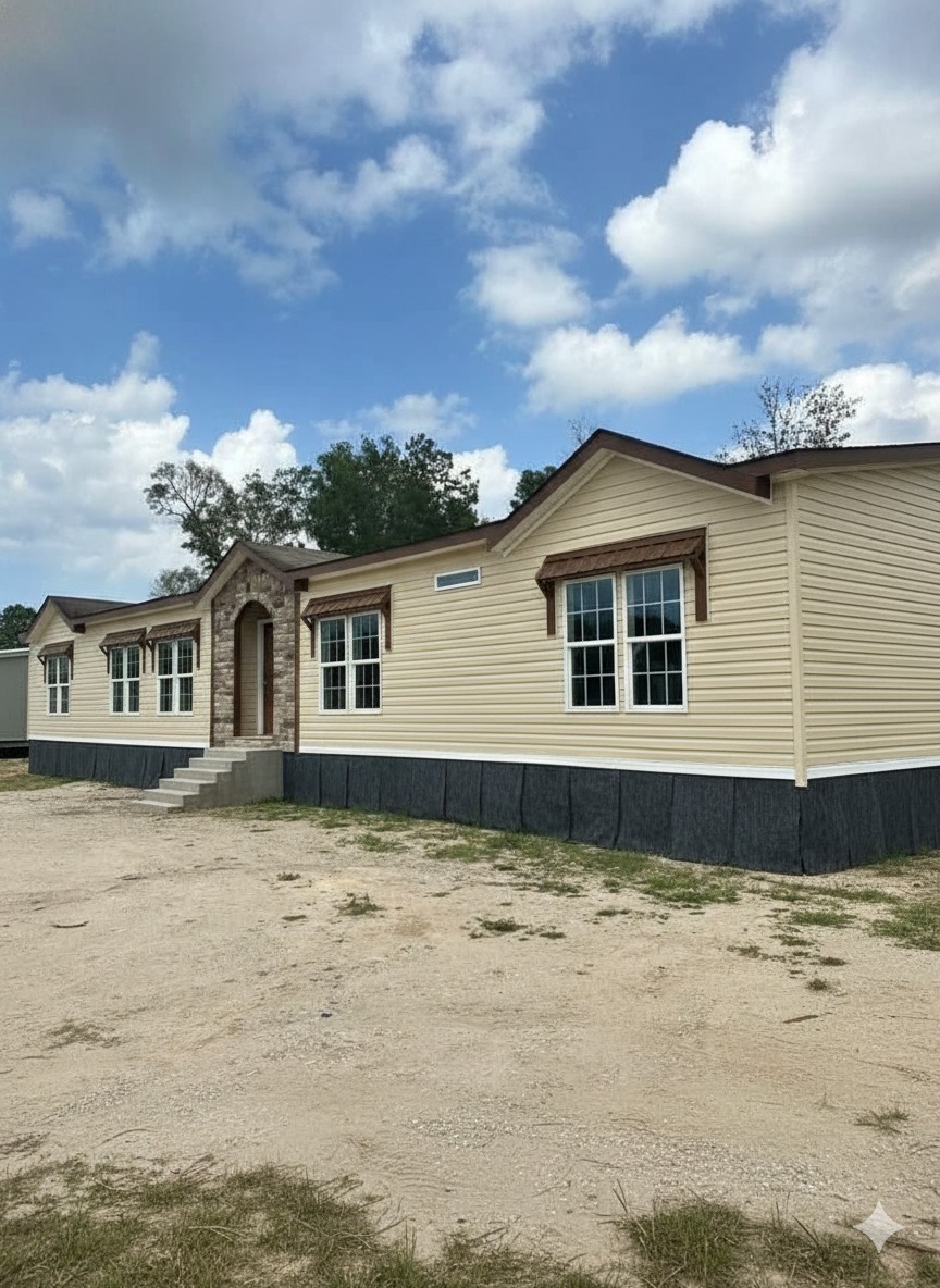 Tan single-story prefabricated house with a stone arch entrance, large windows, and brown trim, set against a backdrop of partly cloudy sky.