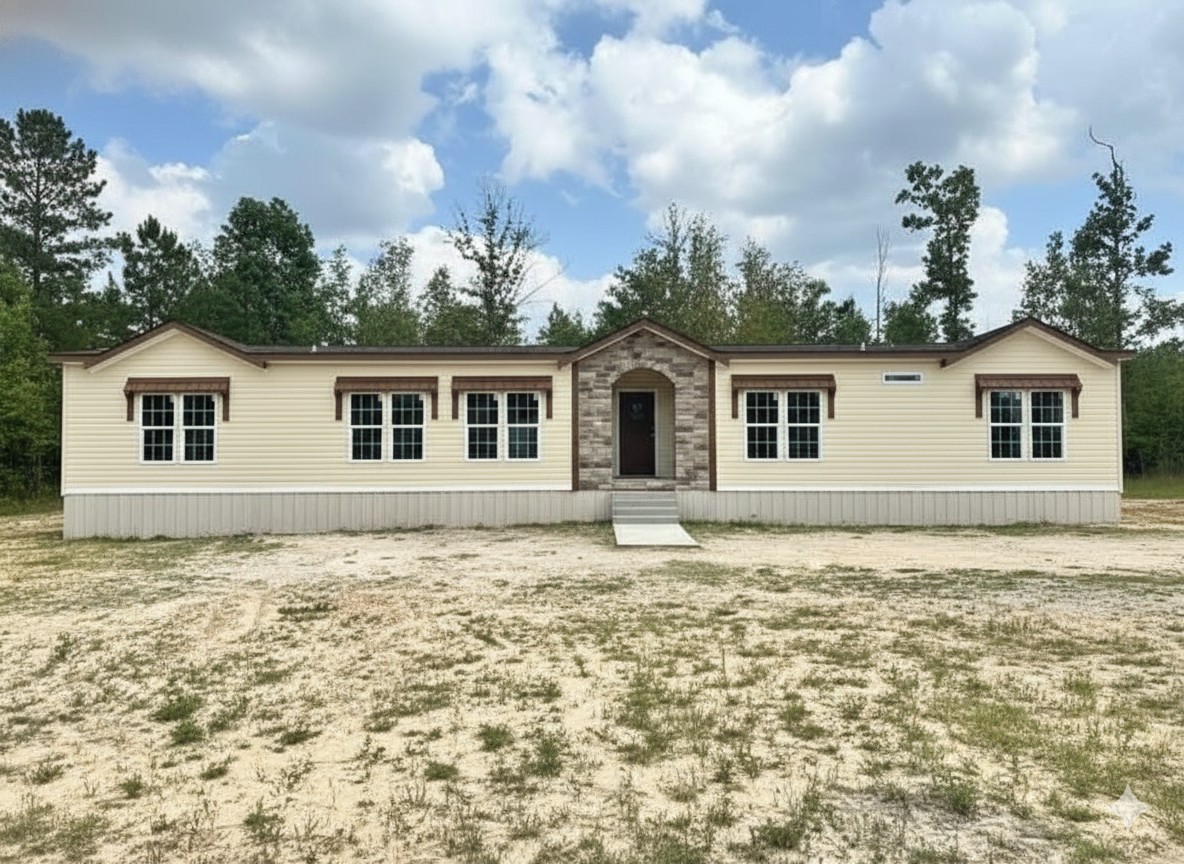 A beige prefabricated home with a stone entryway and large windows sits on a dirt lot. Surrounding trees under a partly cloudy sky add a serene backdrop.