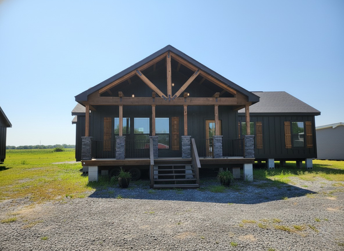 A modern cabin with a wooden porch and exposed beams sits on a gravel path, surrounded by green fields under a clear blue sky. The tone is rustic and serene.