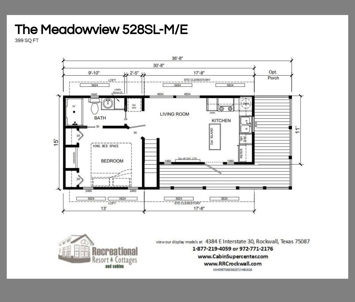 Floor plan of a 399 sq ft house named "The Meadowview 528SL-M/E." It features a bedroom, bathroom, living room, kitchen, and porch.