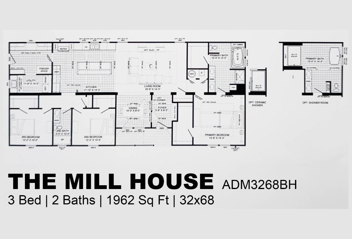 Floor plan for "The Mill House" ADM3268BH, featuring 3 bedrooms, 2 baths, and measuring 1962 square feet. Layout includes kitchen, living room, dining area, and primary suite, with optional features indicated.