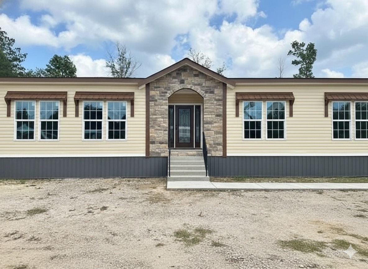Wide, beige mobile home with stone-accented entry, surrounded by trees. Blue sky and clouds above, creating a calm, open atmosphere.