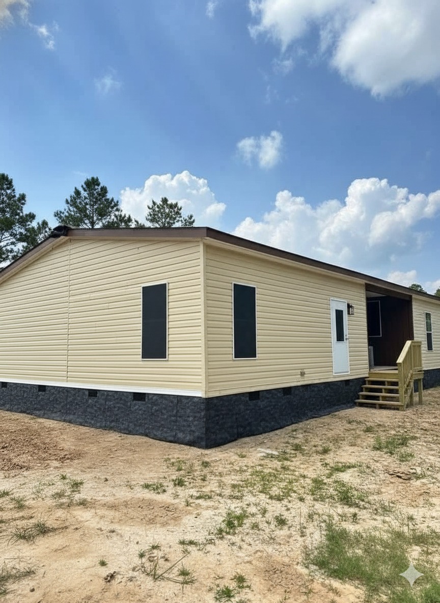 A beige, single-story manufactured home with black-trimmed windows sits on a sandy lot under a clear blue sky. Wooden steps lead to the white front door, creating a welcoming, peaceful atmosphere.