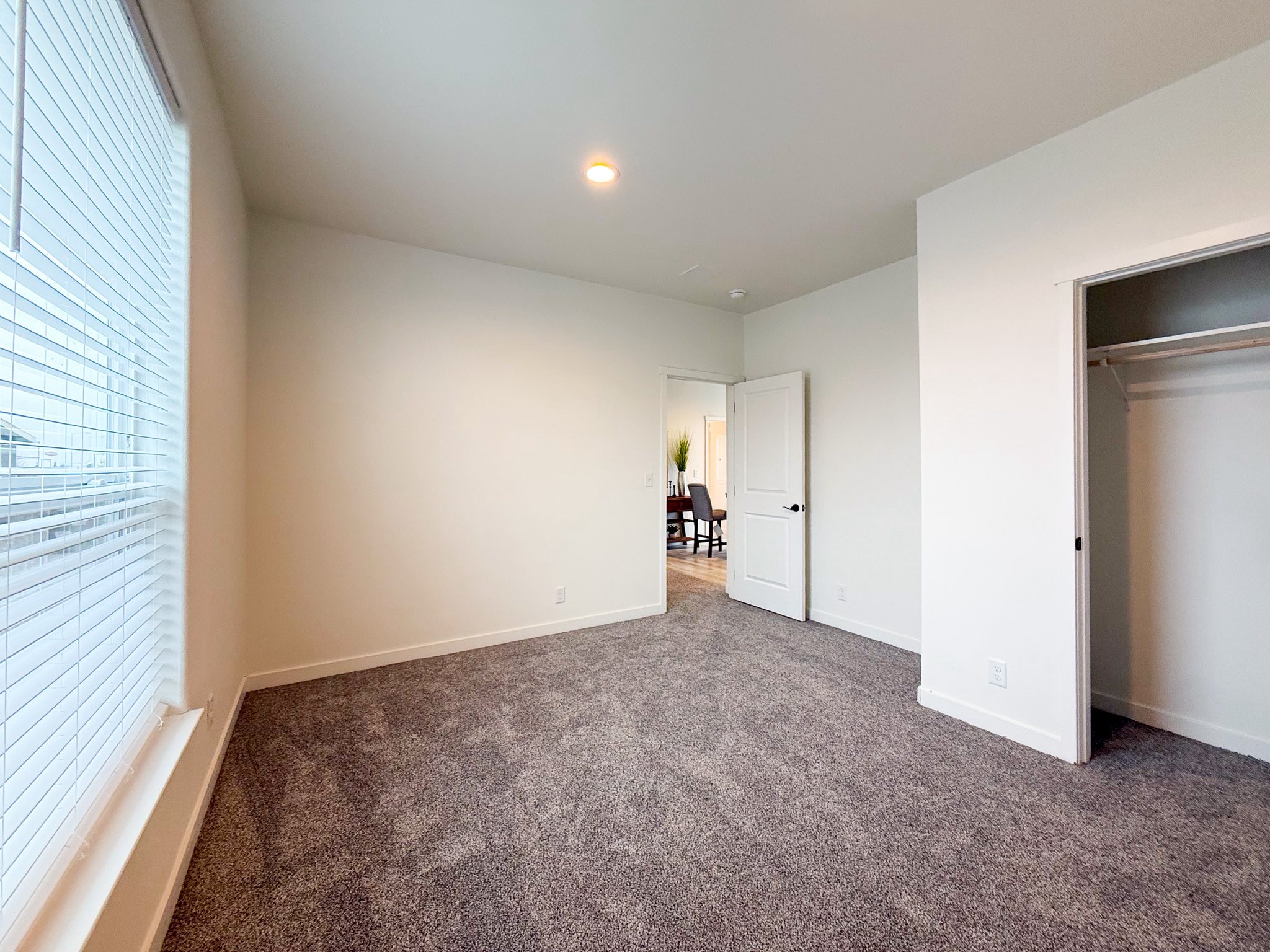 Empty bedroom with gray carpet, white walls, and a ceiling light. A large window on the left lets in natural light. Open door to a bright room.