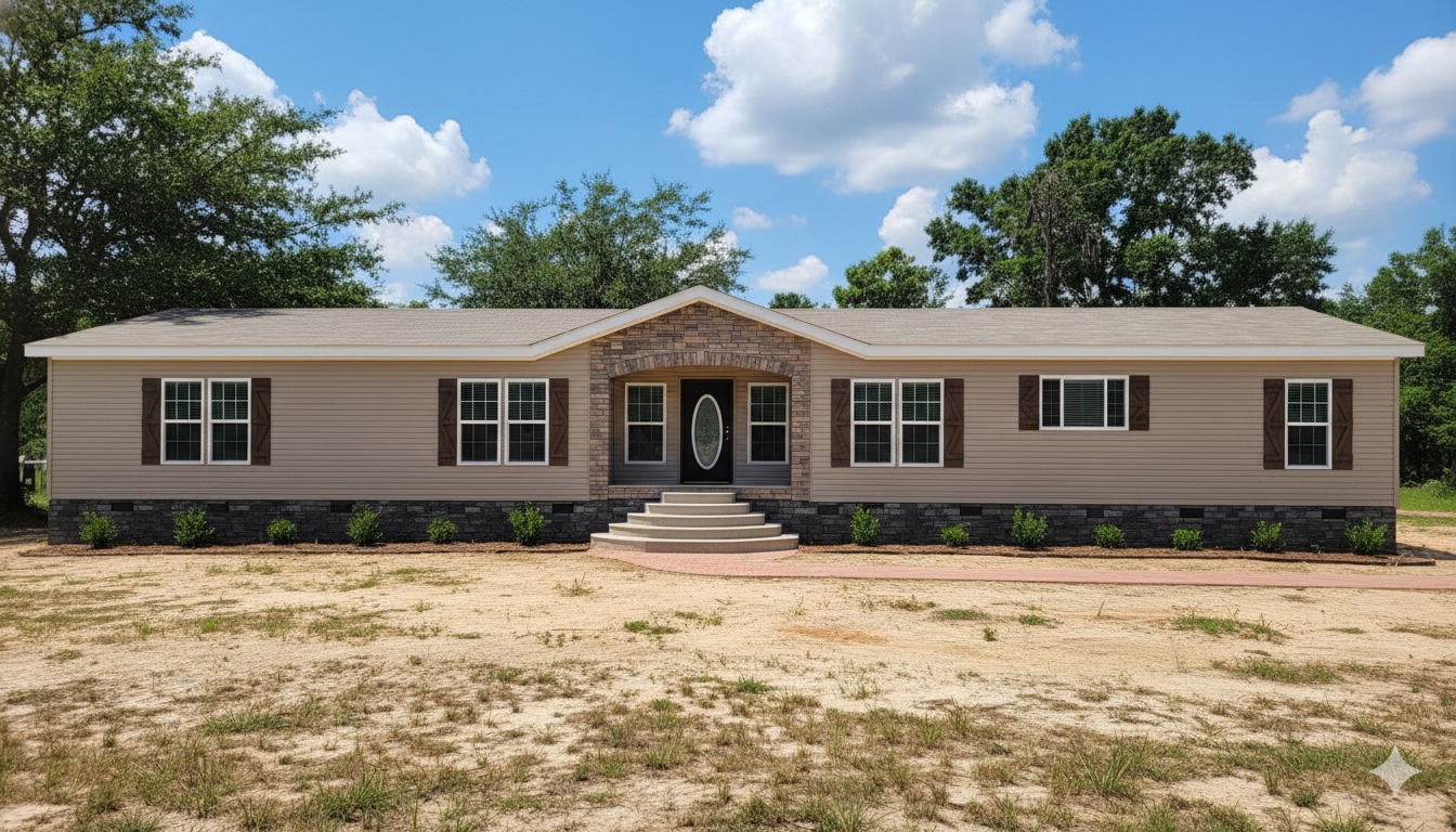 A beige mobile home with dark shutters and a stone facade. It features a central oval door with steps, surrounded by trees and a blue sky with fluffy clouds.