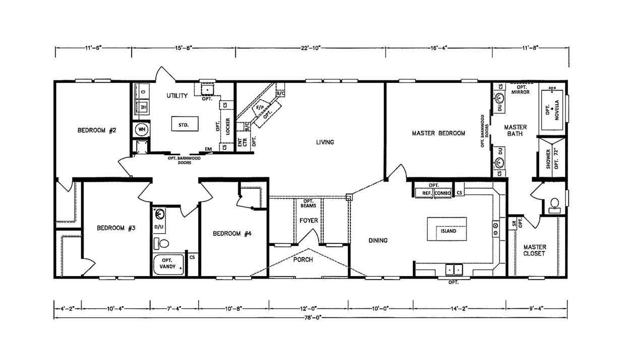 Floor plan of a house with four bedrooms, a living room, dining area, kitchen with island, two bathrooms, utility room, and porch, showing labeled dimensions.
