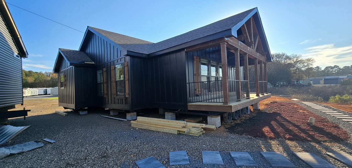 Modern black house with large windows and a porch, set on a gravel lot. The wooden construction elements contrast with the sleek panels. Bright daylight enhances the crisp lines.