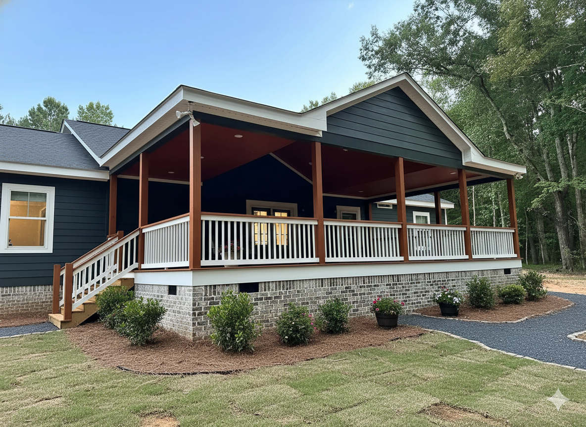 Single-story house with dark siding, a gabled roof, and a wide porch featuring white railings. Fresh grass, mulch, and shrubs enhance the landscaped yard.